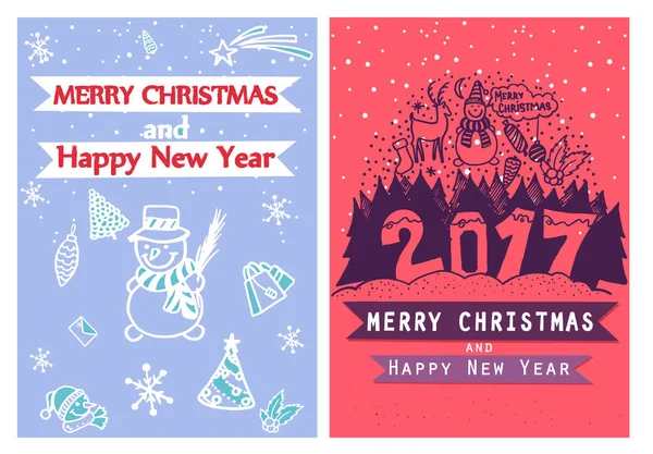 Dois cartões artísticos criativos Feliz Natal e Ano Novo. Desenho à mão. Design para cartaz, cartão, convite, cartaz, brochura, folheto . — Fotografia de Stock