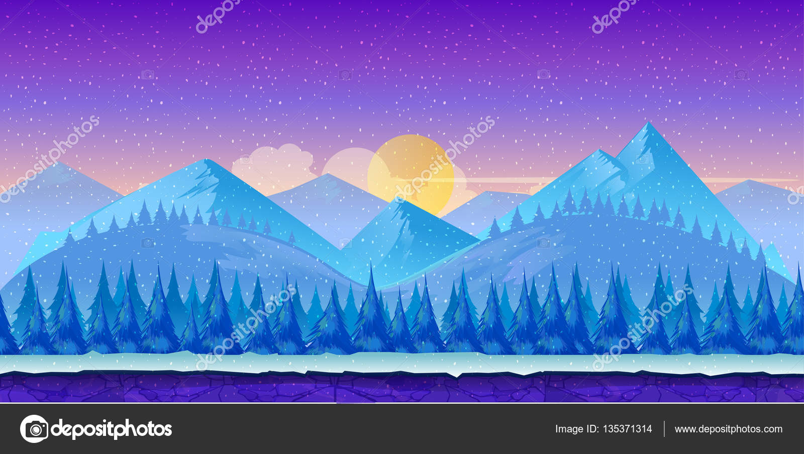 Cartoon winter landscape with ice, snow and cloudy sky. nature background  for games. Stock Photo by ©vitaliyvill 135371314