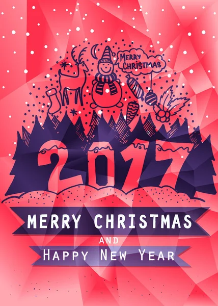 Baixo poli cartão de felicitações de Natal, e Feliz Ano Novo. Desenho à mão. Design para cartaz, convite, cartaz, brochura, folheto. Modelos — Fotografia de Stock