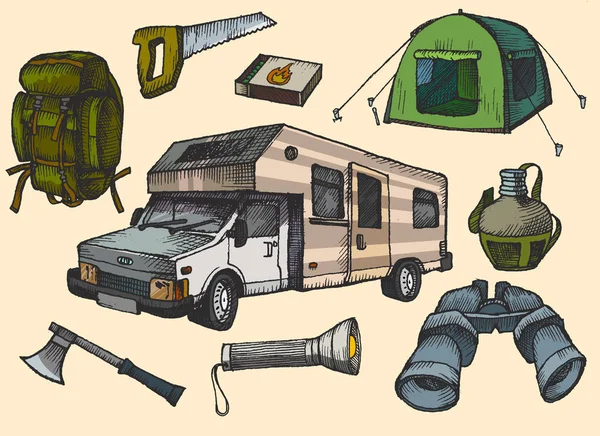 Conjunto de símbolos e iconos de equipos de camping dibujados a mano, ilustración vectorial para su aplicación, proyecto . — Vector de stock
