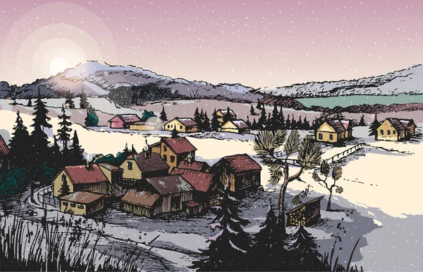 Ilustração vetor desenhado à mão, com uma paisagem de inverno, as árvores e alojamento rural, -. para sua aplicação, projeto . —  Vetores de Stock