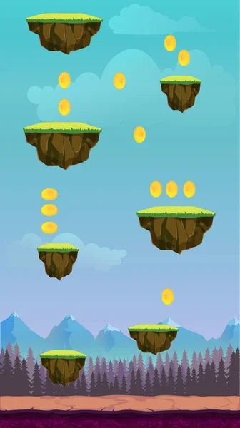 Hoppa spel användare Interface Design för tablett Illustration av en rolig våren grafiska spel ui bakgrund, i tecknad stil med grundläggande knappar — Stock vektor