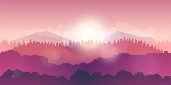 Vector bergen en bos landschap vroeg op de zonsondergang. — Stockvector