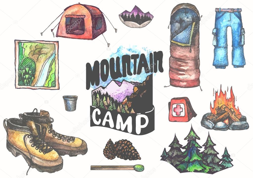 Hand drawn camping set with watercolor elements. Camp bonfire, vintage lantern, roasted marshmallow, camper knife, enamel mug, camper van