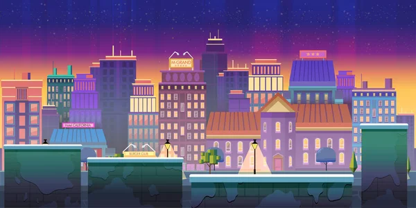 Ciudad juego fondo 2d juego de aplicación. Diseño vectorial. Tileable horizontalmente . — Vector de stock