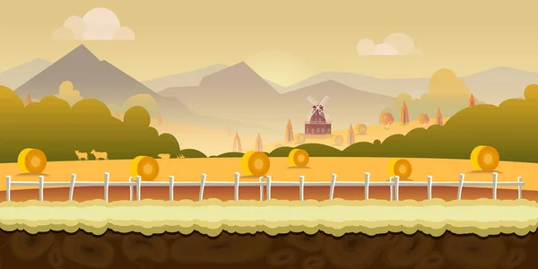 Prachtige landschap boerderij achtergrond voor games met groene bergen, boerderij en houten hek met naadloze achtergrond — Stockfoto