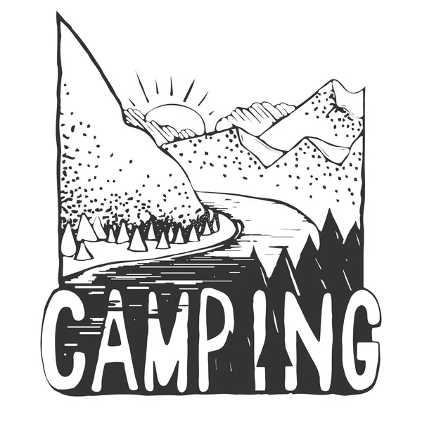 Paisagem desenhada à mão com tenda e montanhas. esboço. eps 10 — Fotografia de Stock