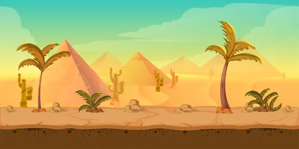 Dibujos animados naturaleza arena desierto paisaje con palmeras, hierbas y montañas. Ilustración de estilo de juego vectorial — Vector de stock
