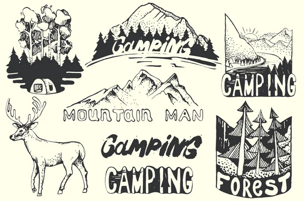 Hand getekende logo set. Retro collectie buiten bedrijf, camping, avontuur etiketten. Oude stijlelementen, berg, belettering — Stockvector