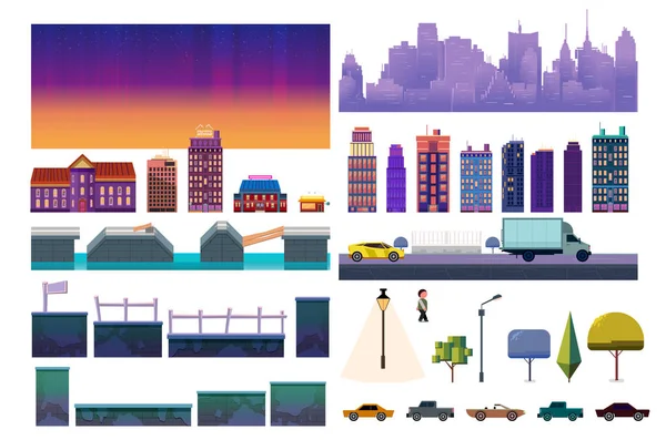 Juego de Ciudad Nocturna. Colección de vectores para videojuegos en fondo blanco — Vector de stock