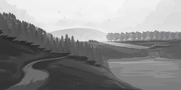 Paysages ruraux rétro. Situé dans des paysages ruraux peints en noir. Illustration vectorielle — Image vectorielle