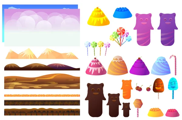 Pedaços de doces de jogo, Candyland Elements. Coleção de vetores para jogos de vídeo —  Vetores de Stock