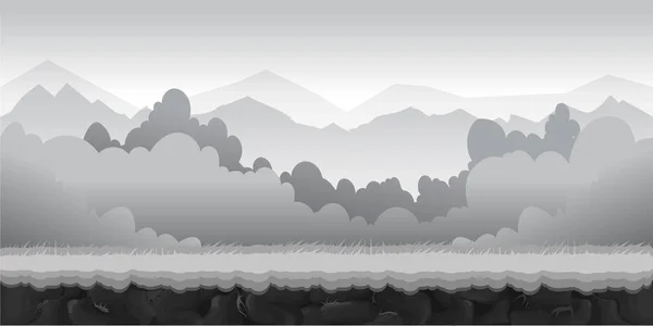 Paisaje para juego.Fondo para el juego. Fondo blanco y negro.Paisaje de dibujos animados sin costuras — Vector de stock