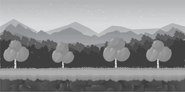 Zwart-wit Cartoon spel achtergrond boslandschap. Vectorillustratie — Stockvector