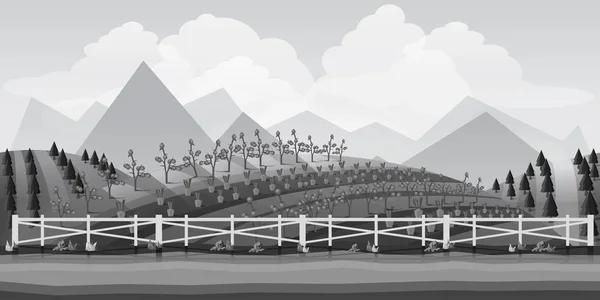 Paisaje para juego.Fondo para el juego. Fondo blanco y negro.Paisaje de dibujos animados sin costuras — Vector de stock