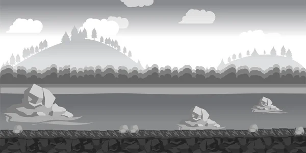 Landschaft für game.background für Spiel. schwarz-weißer Hintergrund. Nahtlose Cartoon-Landschaft — Stockvektor