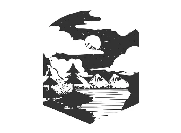 Montañas Camping, Campamento forestal, Camiseta dibujada a mano Imprimir. Emblema tipográfico dibujado a mano, ilustración vectorial para su proyecto — Vector de stock