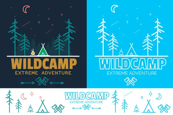 Insignia de logotipo de Camping de moda en estilo de esquema. Ilustración del logo del camping. Concepto de placa de camping vectorial. Iconos de campamento de línea para su diseño . — Vector de stock