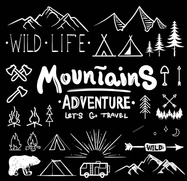 Black and white camping collection of icon made with ink and brush. Doodle style. Hand drawn set of adventure items. campfire, mountains, wildlife, bear, tent, fireplace, fire, trees. — Stock Vector