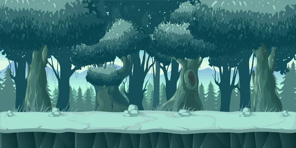 Skogen och stenar 2d spel landskap för spel mobila applikationer och datorer. Vektorillustration för din design. Storlek 1024 x 512. Redo för parallax effekt — Stock vektor
