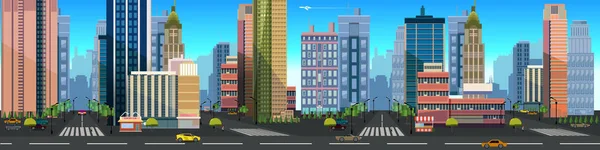 Képezi a város táj, az épületek és a road, illusztráció vektor elkülönített rétegek játék végtelen háttér. A design vektor illusztráció — Stock Vector
