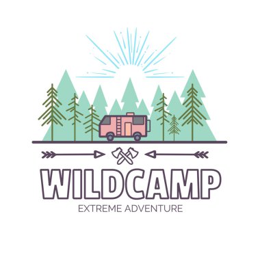 Wildcamp hayat. Yaz aşırı macera. Trendy Outlined tarzı illüstrasyon, Tipografik Tasarım