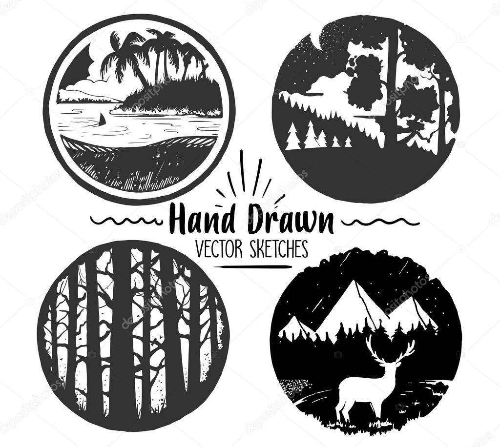 Hand Drawn logo set. Trendy collection of outdoor company, camping, adventure labels. mountain, hills ,forest and tropical island.Vector illustration for your design