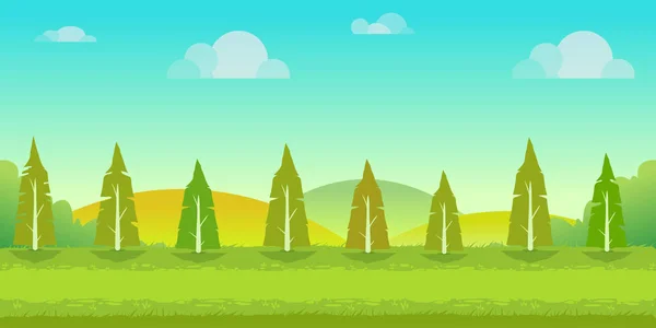 Desenho animado paisagem natureza, fundo interminável com árvores, colinas e camadas de céu nublado. Ilustração vetorial para o seu design — Vetor de Stock