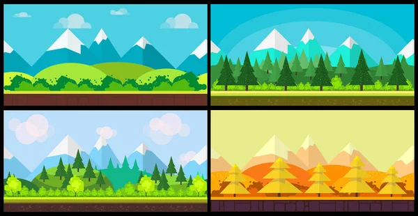 Sor 4 karikatúra jellegű háttérrel és tájak és különböző évszakok. A design szép vektor illusztrációk. — Stock Vector