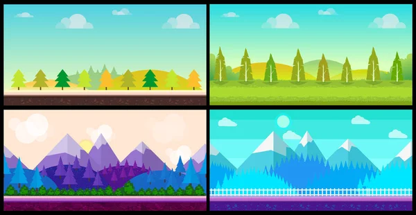 Set of 4 cartoon nature backgrounds and landscapes with different seasons. Beautiful vector illustrations for your design. — Stock Vector