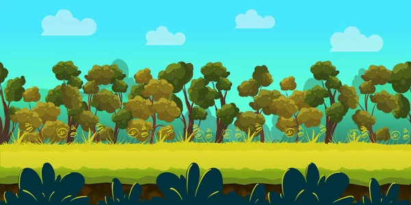 Spelet bakgrunden med skog och gröna förgrunden, vektor. — Stock vektor
