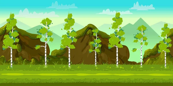 Δάσος και πέτρες 2d παιχνίδι τοπίο για παιχνίδια εφαρμογές για φορητές συσκευές και υπολογιστές. Εικονογράφηση για το σχέδιό σας — Φωτογραφία Αρχείου