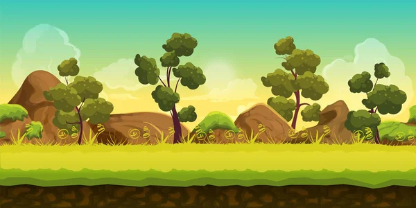 Δάσος και πέτρες 2d παιχνίδι τοπίο για παιχνίδια εφαρμογές για φορητές συσκευές και υπολογιστές. Εικονογράφηση για το σχέδιό σας. Έτοιμο για εφέ παράλλαξης. — Φωτογραφία Αρχείου