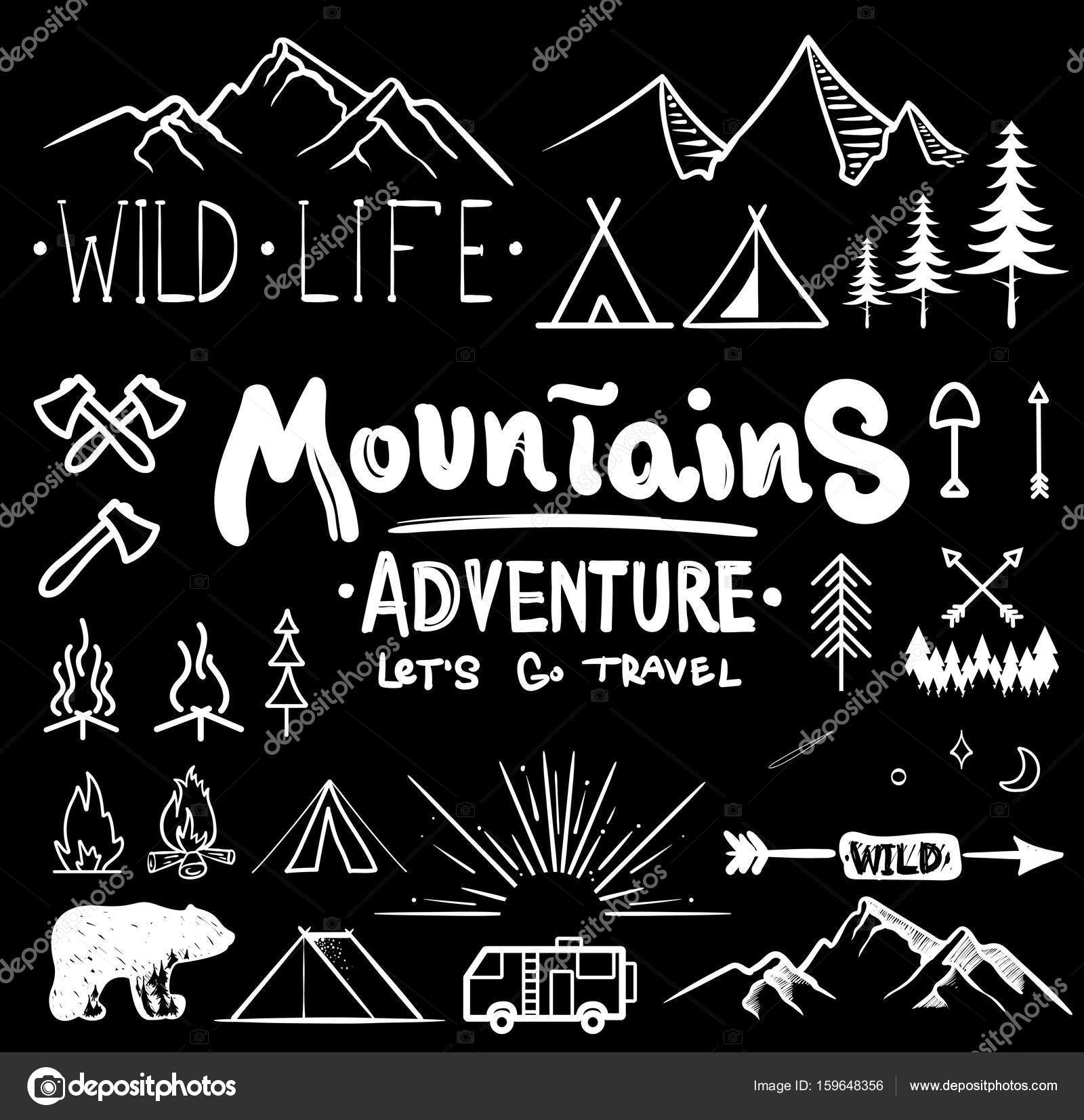 Download royalty-free Black and white camping collection of icon made with ink and brush. Doodle style. Hand drawn set of adventure items. campfire