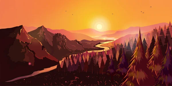 Nascer do sol em belas montanhas com rio e floresta. Ilustração vetorial para o seu design —  Vetores de Stock