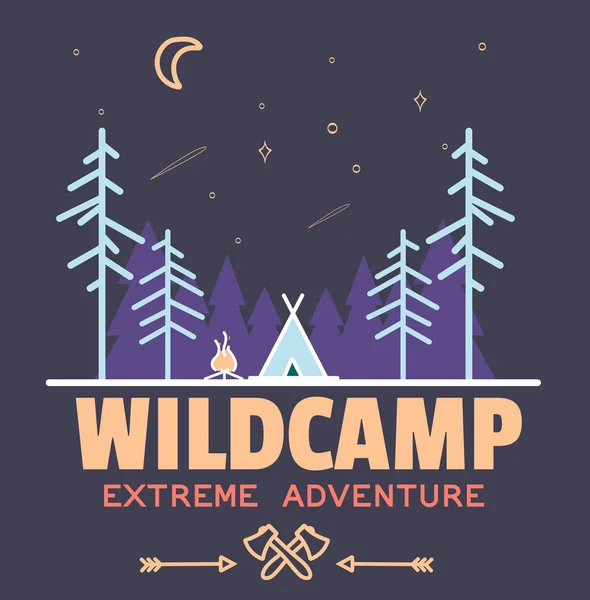 Stay Wild Camping Child, Camiseta dibujada a mano Imprimir, acampar y aventura logotipo de la insignia del bosque, logotipo del emblema, diseño de la etiqueta. Ilustración vectorial — Vector de stock
