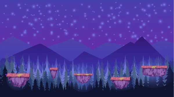Fantasie mysteriösen Hintergrund für Handyspiel, geschichtet. mit Bergen und Felsen im Hintergrund und Sternen, die am Himmel leuchten. — Stockvektor
