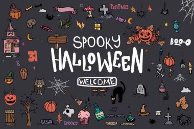 Cadılar Bayramı Doodle küme. Yaratıcı tasarım davet ve parti için. Elle çizilmiş vektör çizim tasarımınız için