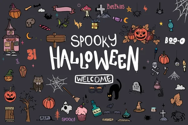 Cadılar Bayramı Doodle küme. Yaratıcı tasarım davet ve parti için. Elle çizilmiş vektör çizim tasarımınız için