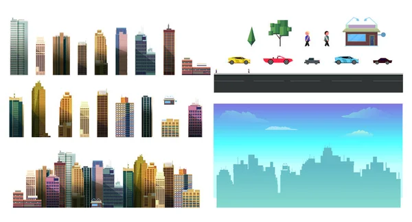 Constructor para fondo nocturno de la ciudad. Fácil de crear su propia vista de la ciudad, con elementos separados: edificios, carreteras, coches, fondo. Compatible con mis otros conjuntos de constructores de ciudad — Vector de stock