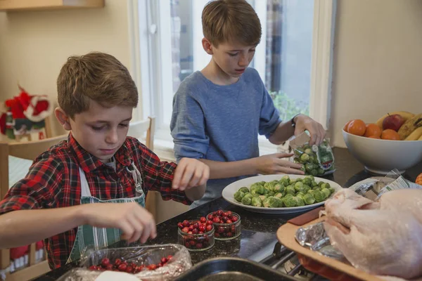 Hermanos ayudando con la cena de Navidad —  Fotos de Stock