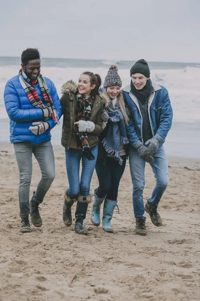 Друзья, гуляющие по зимнему пляжу — стоковое фото