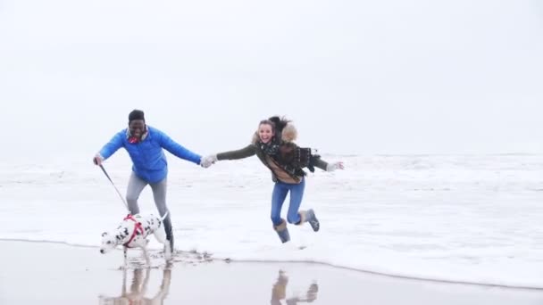 Νεαρό ζευγάρι Dodge κύματα στην παραλία του χειμώνα — Αρχείο Βίντεο
