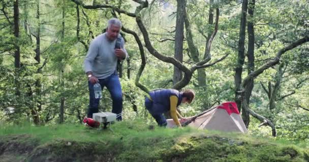 Senior Couple Have Returned Back Tent Hike Woman Goes Tent — Stock Video