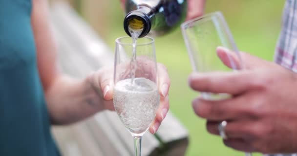 情侣庆祝香槟被倒入两个香槟长笛的特写 — 图库视频影像