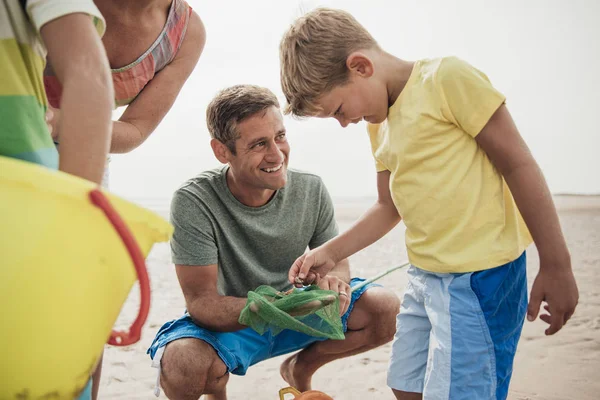 Patrząc na muszle na plaży — Zdjęcie stockowe