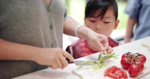 Malý Chlapec Watchnig Jeho Matka Připravit Zeleninu Míchat Fry — Stock video