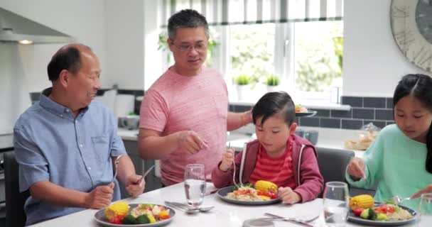 家族は 彼らは自家製の攪拌フライ ディナーを楽しむ社交キッチン — ストック動画