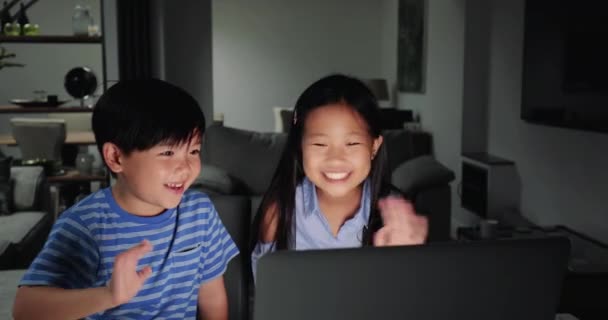 Zwei Kinder Sind Hause Und Telefonieren Mit Dem Laptop Mit — Stockvideo