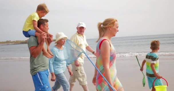 サイドビュー 休暇中にビーチの上を歩く家族の追跡ショット — ストック動画